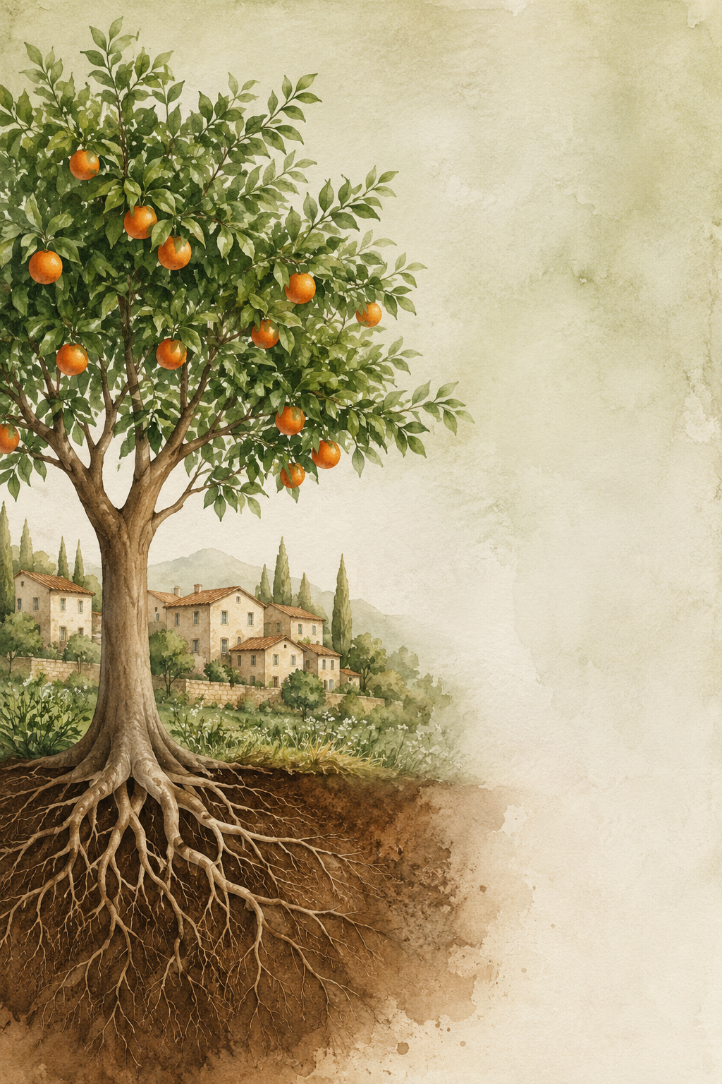 Aguarela de árvore frutífera com raízes profundas e aldeia mediterrânica