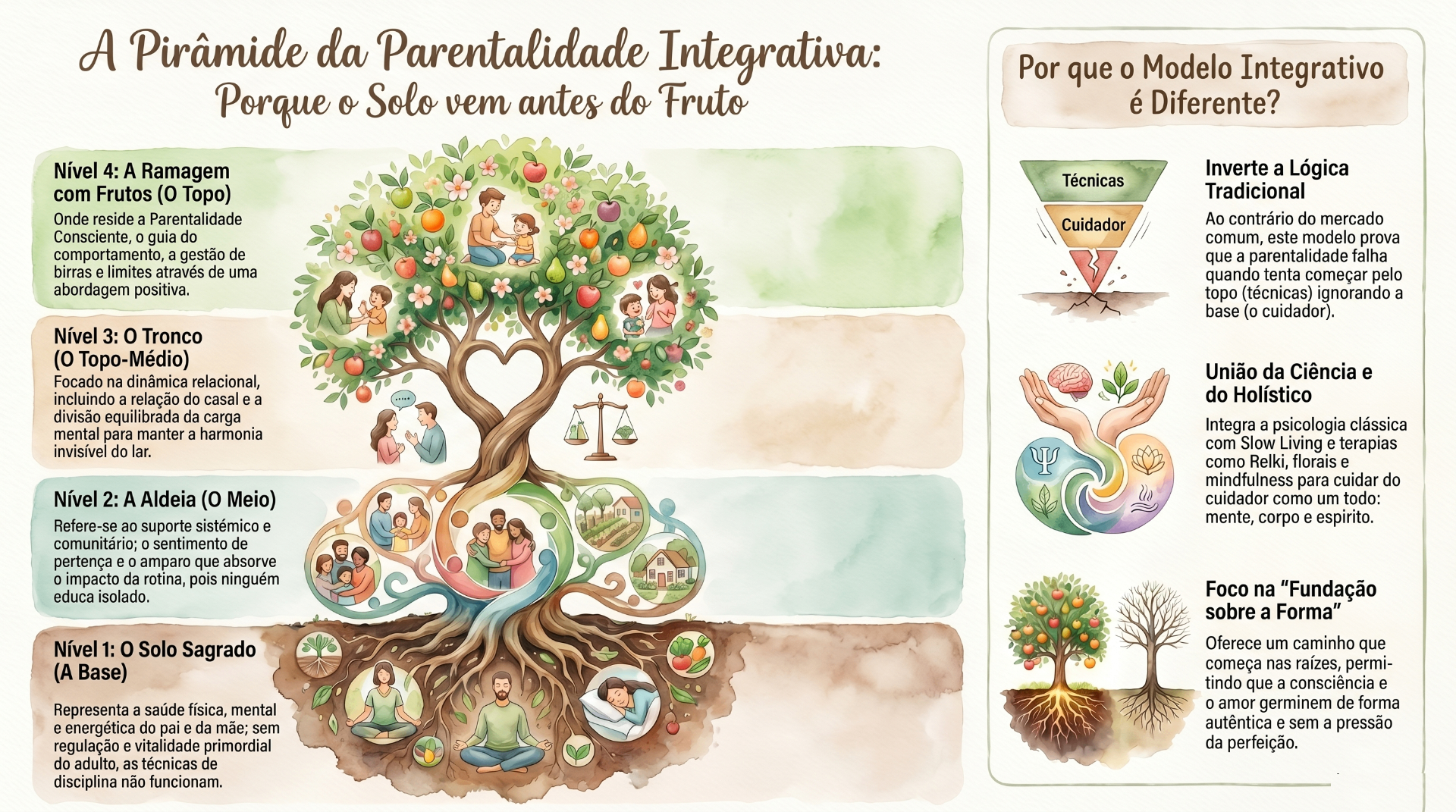 Infográfico A Pirâmide da Parentalidade Integrativa: Solo Sagrado, Aldeia, Tronco, Ramagem com Frutos