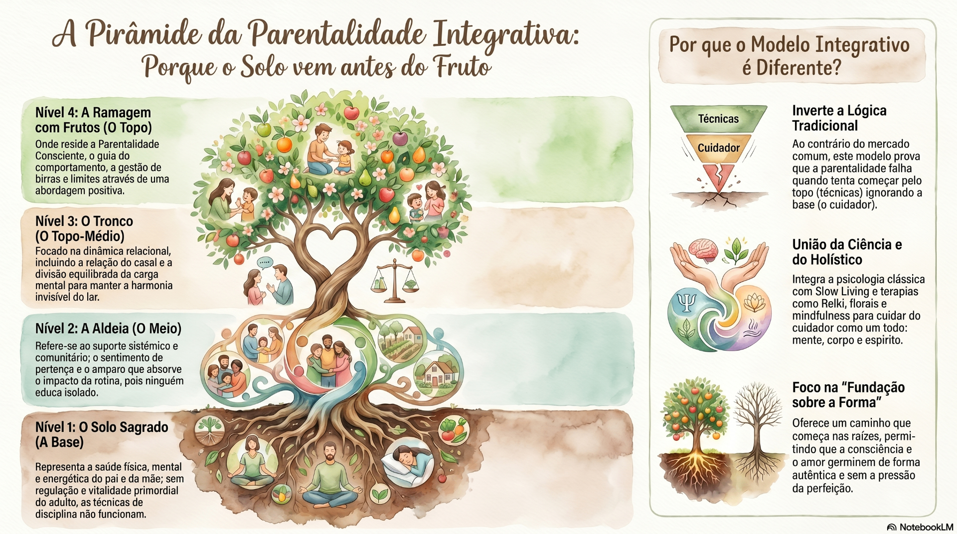 Infográfico A Pirâmide da Parentalidade Integrativa: Solo Sagrado, Aldeia, Tronco, Ramagem com Frutos