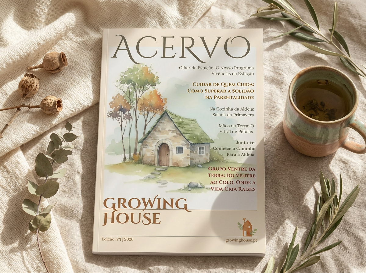 Revista Acervo, edição n.º 1 da Growing House, pousada sobre linho natural com chá e folhas de oliveira