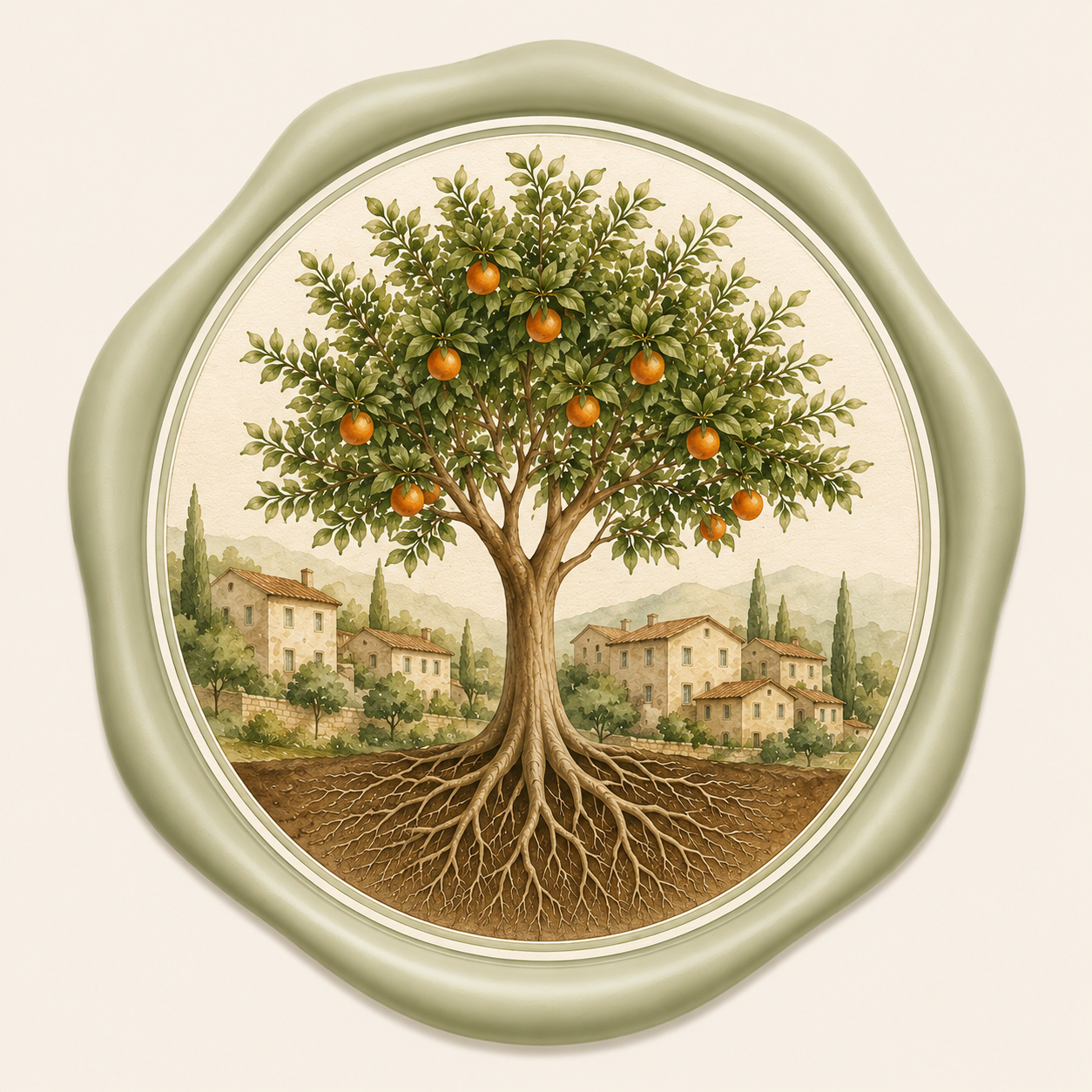 Selo Growing House: árvore com raízes profundas e paisagem mediterrânica